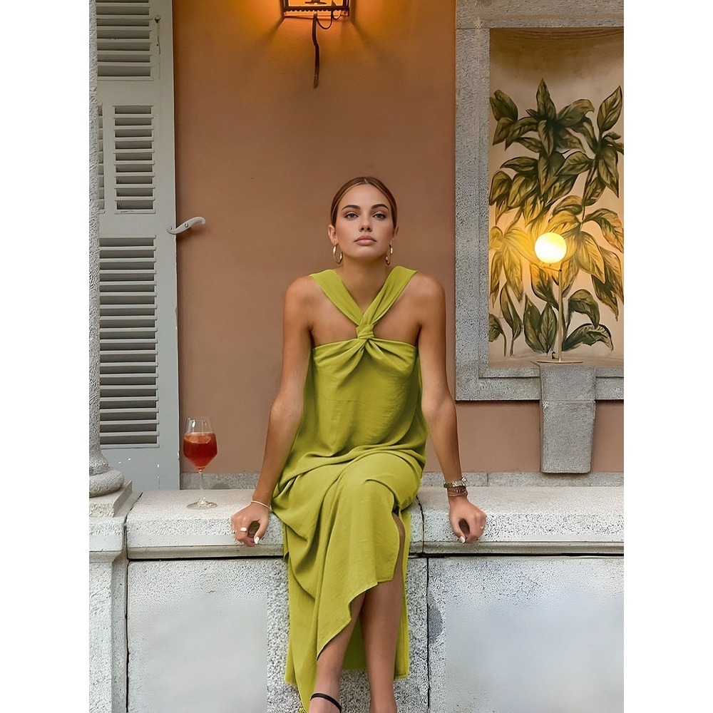 Commense Olive Green Twist-Neck Maxi Dress